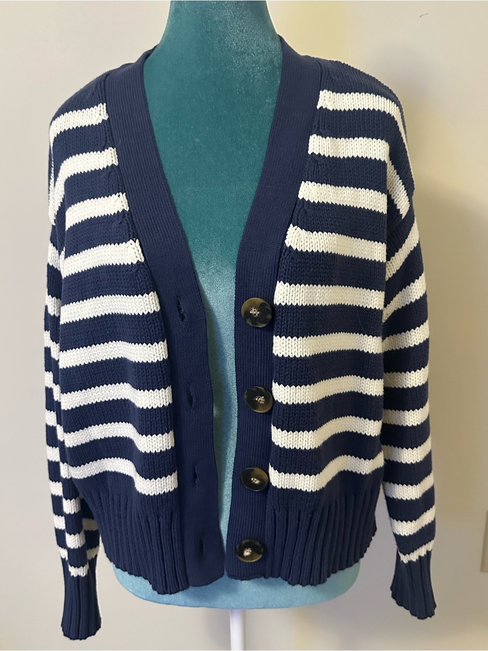 Navy and White Striped Button-Front Women’s Cardigan